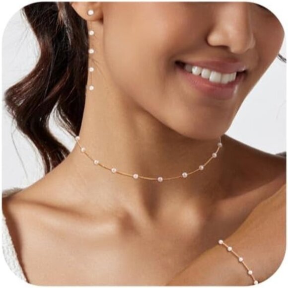 Gold Jewelry Set Gold Women Dainty Pearl Choker Earrings Bracelet Wedding Gift - Picture 1 of 7